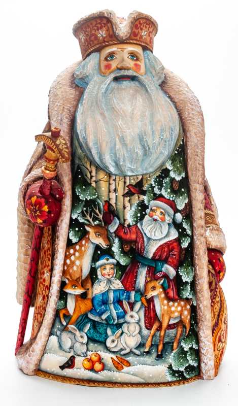 300 mm Santa Claus with a Magic Staff with handpainted Santa Claus and Snowmaiden Princess Wooden Carved Statue (by Sergey  Christmas Workshop)