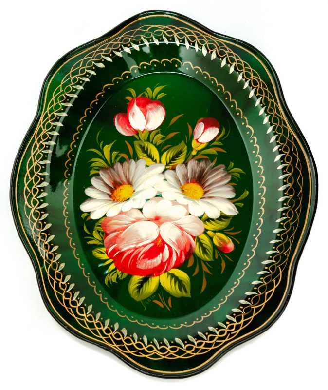 180x220 mm Zhostovo Patterns hand painted and lacquered Metal Forged Green Tray (by Lada Crafts)