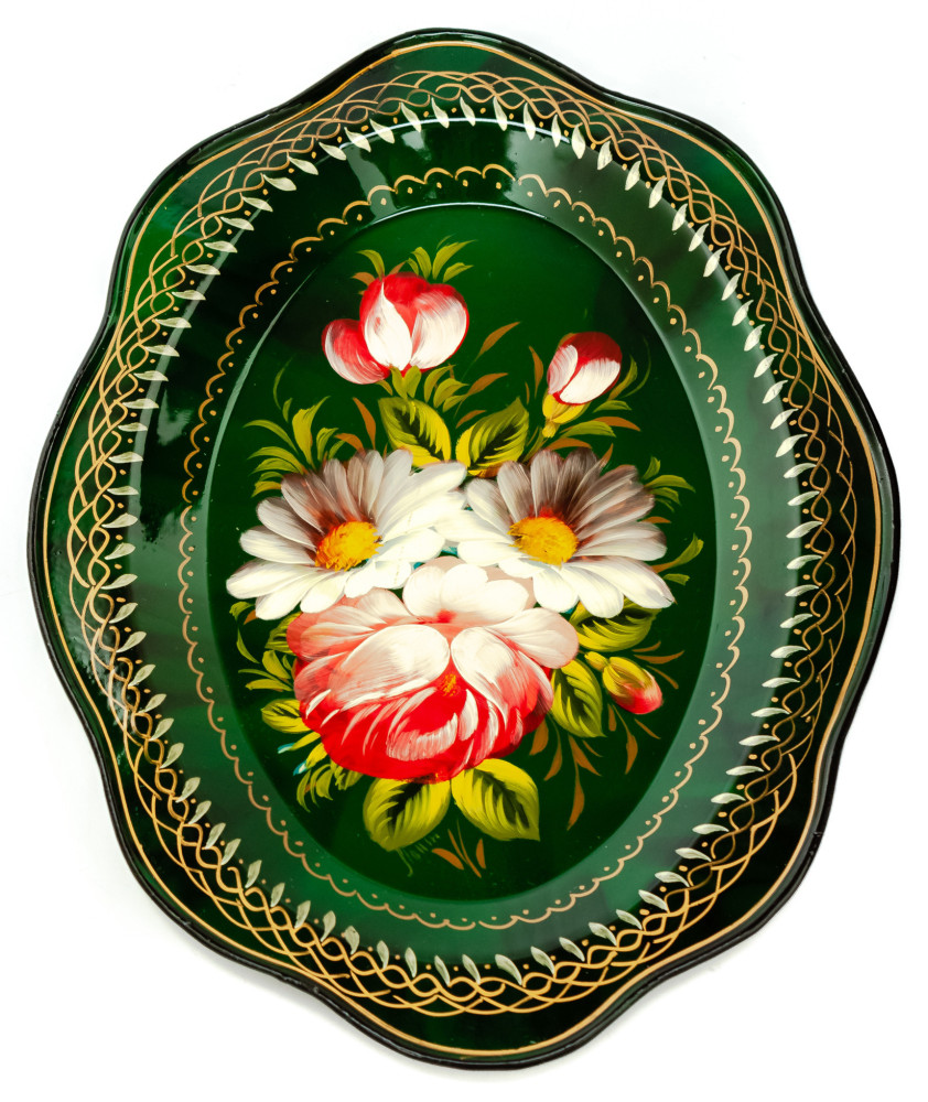 180x220 mm Zhostovo Patterns hand painted and lacquered Metal Forged Green Tray (by Lada Crafts)