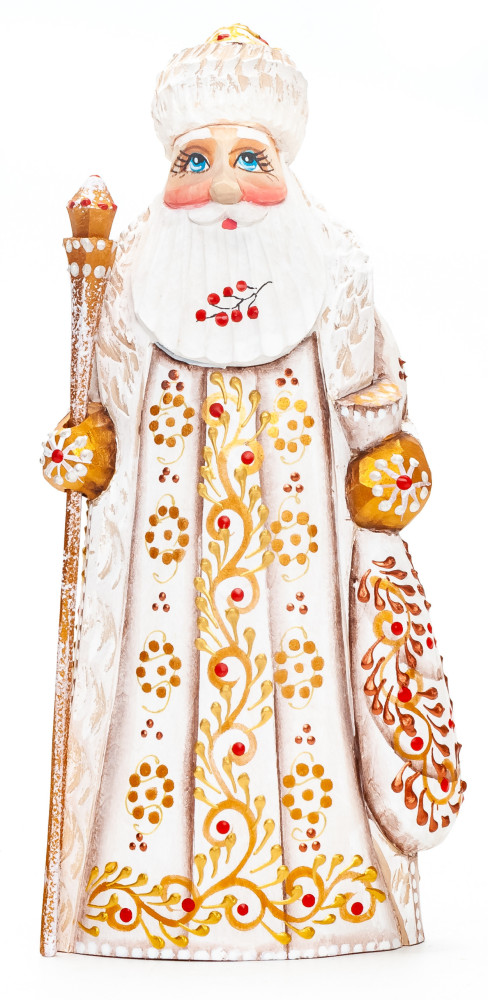 170 mm Santa with a Magic Staff and a Bag Carved Wood Hand Painted Collectible Figurine (by Natalia Nikitina Workshop)