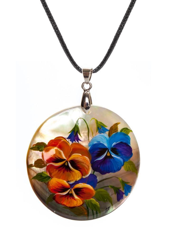 d50 mm Flowers hand painted Nacre Pendant (by Tatiana Shkatulka Crafts)