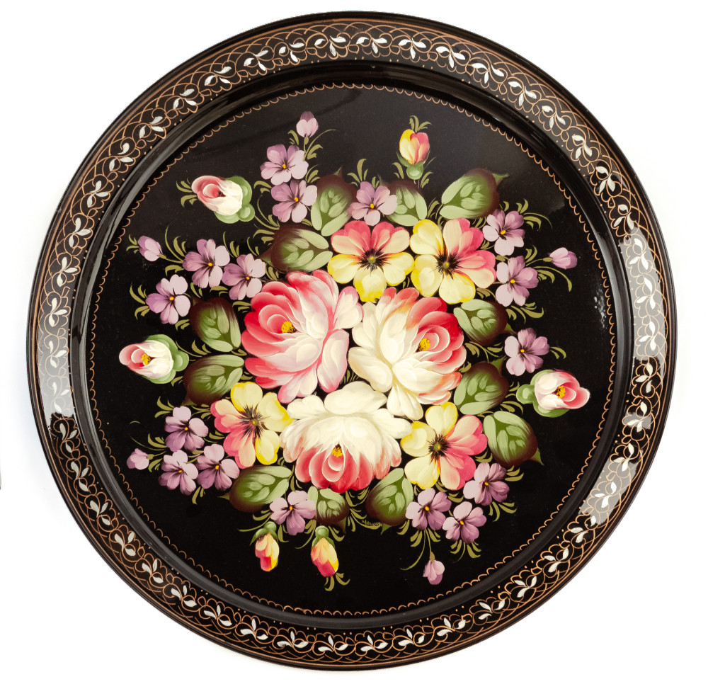d 385 mm Zhostovo Patterns hand painted and lacquered Metal Forged Tray (by Lada Crafts)