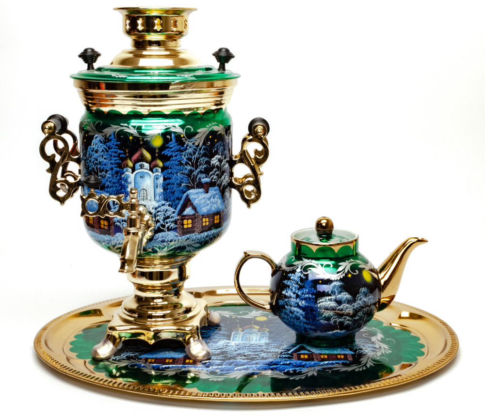 Russian Christmas Night Hand Painted Electric Samovar Kettle with Teapot and Tray