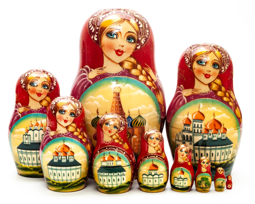 200 mm Moscow Saint Basil Cathedral hand painted on Wooden Matryoshka doll 10 pcs (by Valeria Crafts)