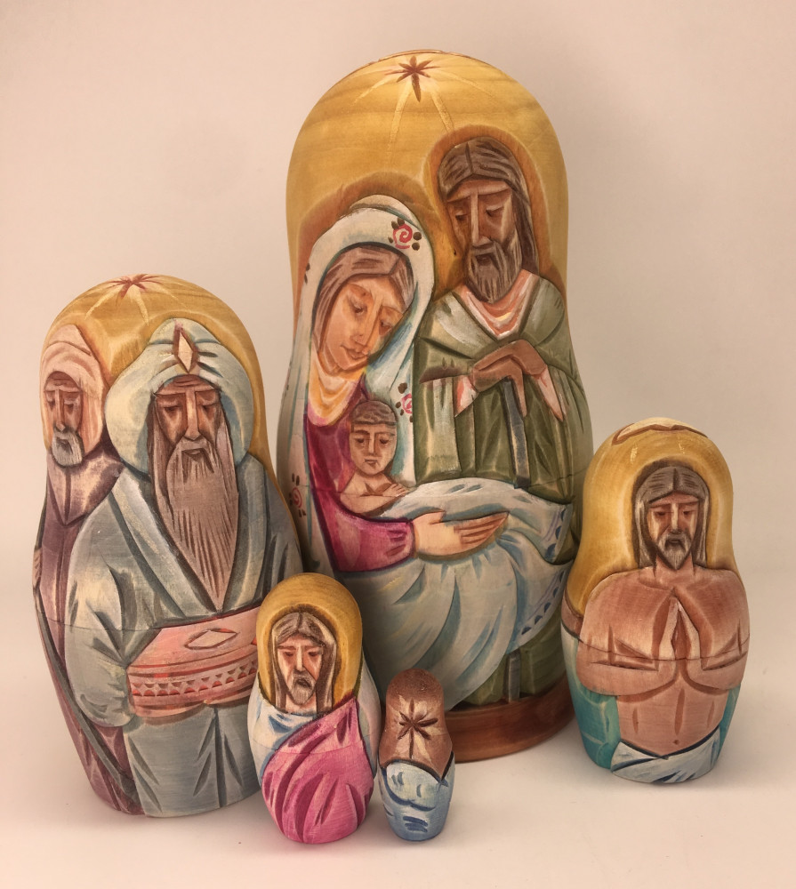 160 mm Nativity Scenes Hand Carvd and Painted Wooden Doll 5 pcs (by Sergey Carved Wooden Dolls Studio)