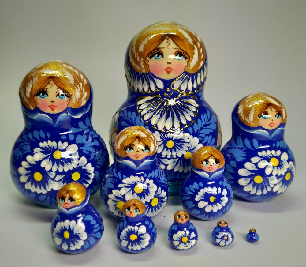 110mm Daisies Hand Painted Wooden Matryoshka doll 10 pcs (by Valentina Dolls)