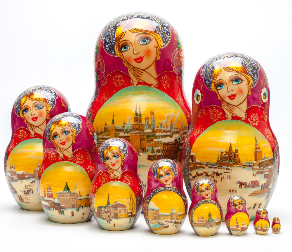 240 mm Moscow Kremlin hand painted on Wooden Matryoshka doll 10 pcs (by Valeria Crafts)