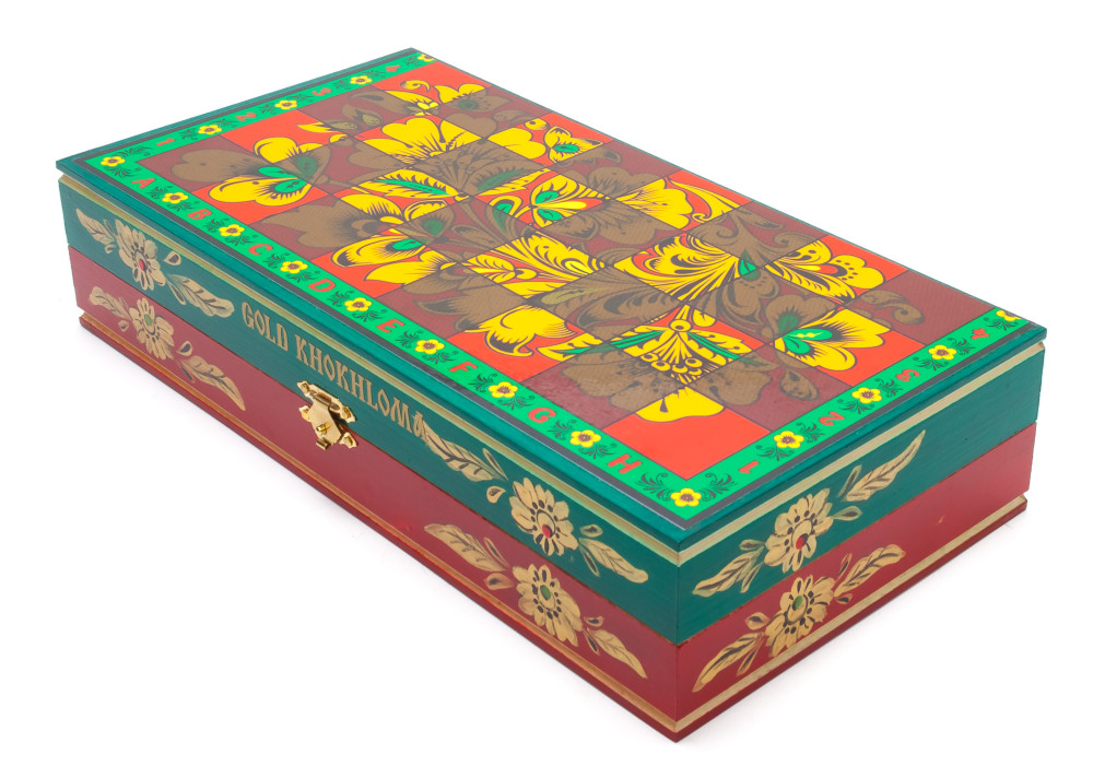 Wooden Chess Board with Khokhloma Art Hand Painted Chess Pieces