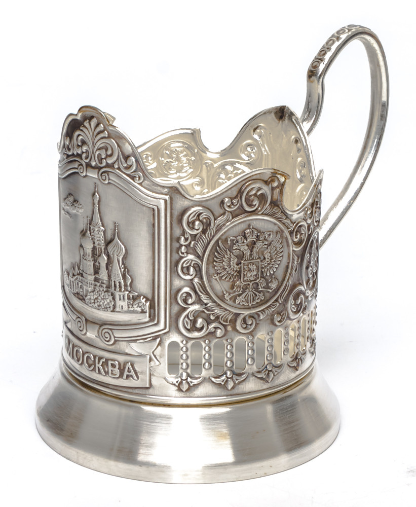 Snt Basil Cathedral Silver Plated Brass Tea Glass Holder with Faceted Glass and Silver Plated Spoon (by Kolchugino)