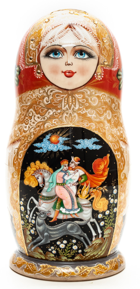 Shop Exclusive Nesting Dolls 240 mm Ivan Tsarevich and the Grey Wolf hand painted on wooden Matryoshka doll 7 pcs (by A Studio) online at Skazka.site | Eligible for fast shipping and free returns. 240 mm Ivan Tsarevich and the Grey Wolf hand painted on wooden Matryoshka doll 7 pcs (by A Studio)