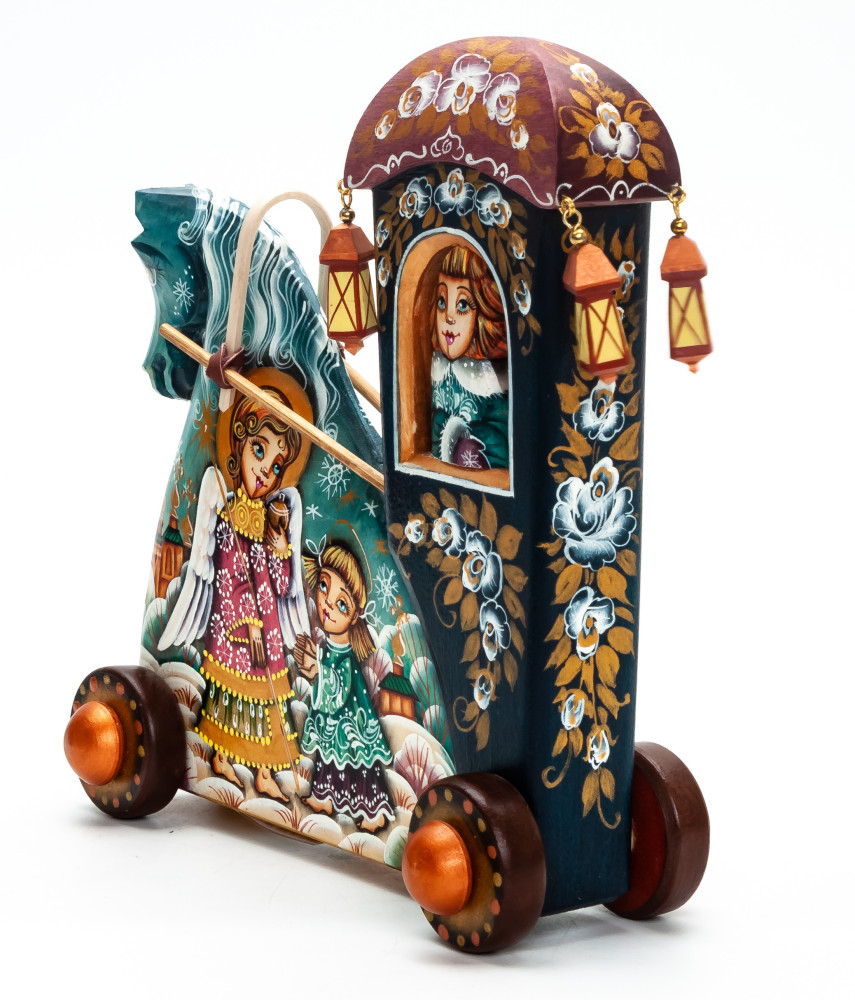 160 mm Carriage with hand painted Angels World Wooden Statue (by Vladislav Toys)