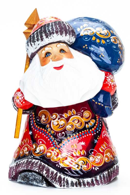 160 mm Santa with a Magic Staff and a Bag Carved Wood Hand Painted Collectible Figurine (by Igor Carved Wooden Figures Studio)