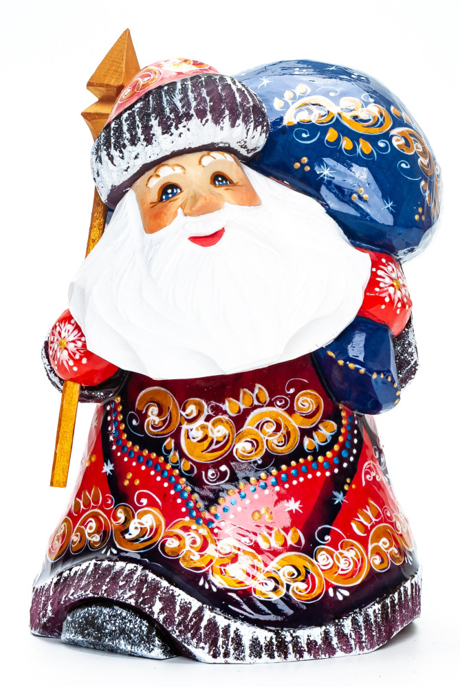 160 mm Santa with a Magic Staff and a Bag Carved Wood Hand Painted Collectible Figurine (by Igor Carved Wooden Figures Studio)