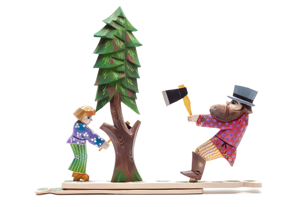 280x235 mm Father and Son Woodcutters Hand Carved and Painted Wooden Toy (by Skazka)