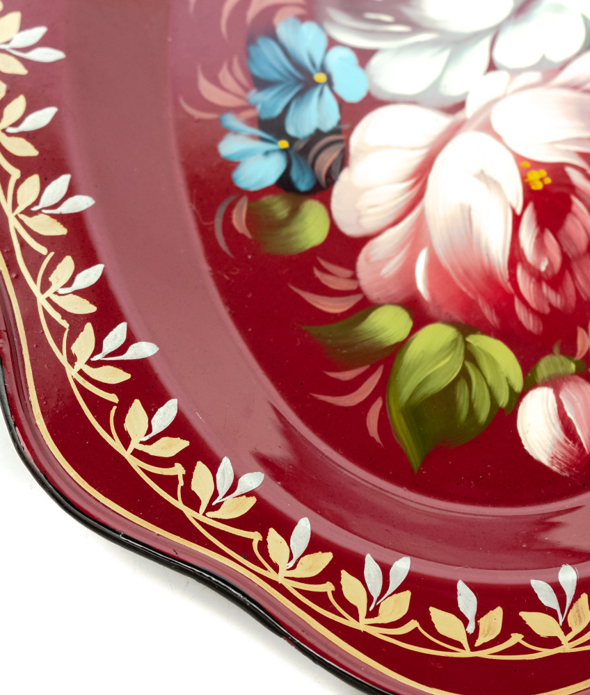180x220 mm Zhostovo Patterns hand painted and lacquered Metal Forged Carmine Tray (by Lada Crafts)