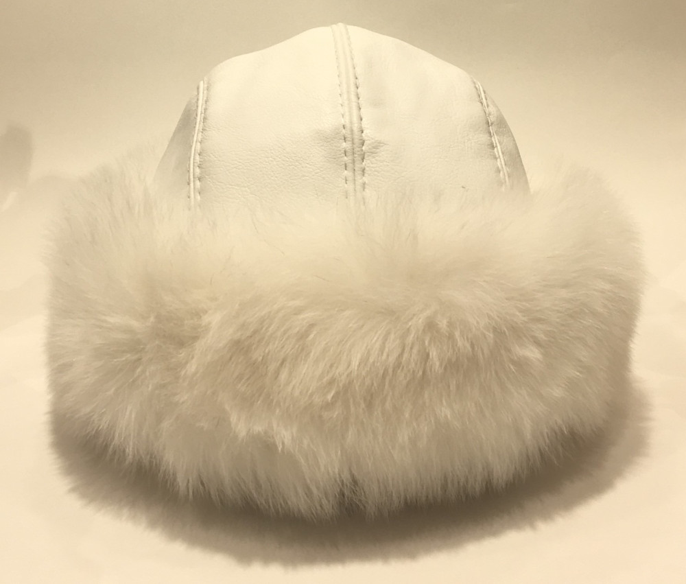White Polar Fox Fur Round Hat with Leather Top