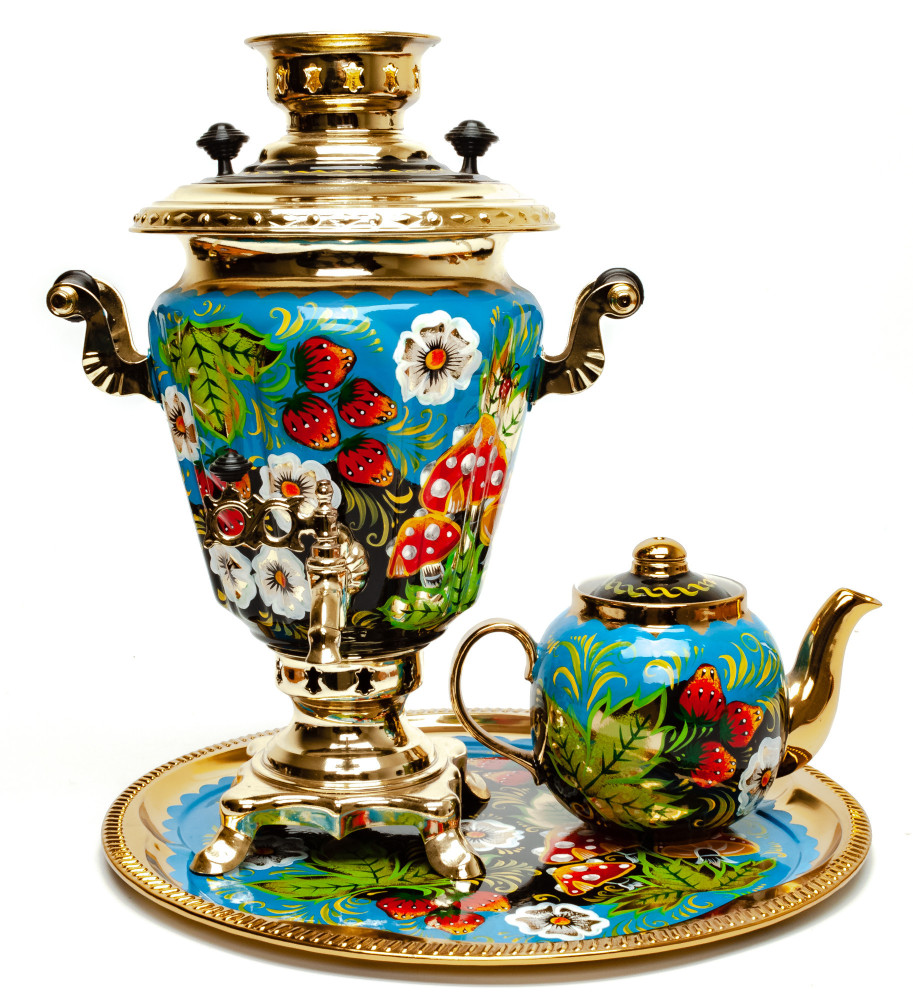 Mushrooms Hand Painted Electric Samovar Kettle with Teapot and Tray