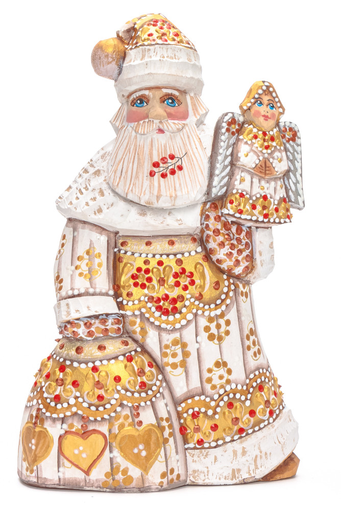 180 mm Santa with a Bag and an Angel Carved Wood Hand Painted Collectible Figurine (by Natalia Nikitina Workshop)