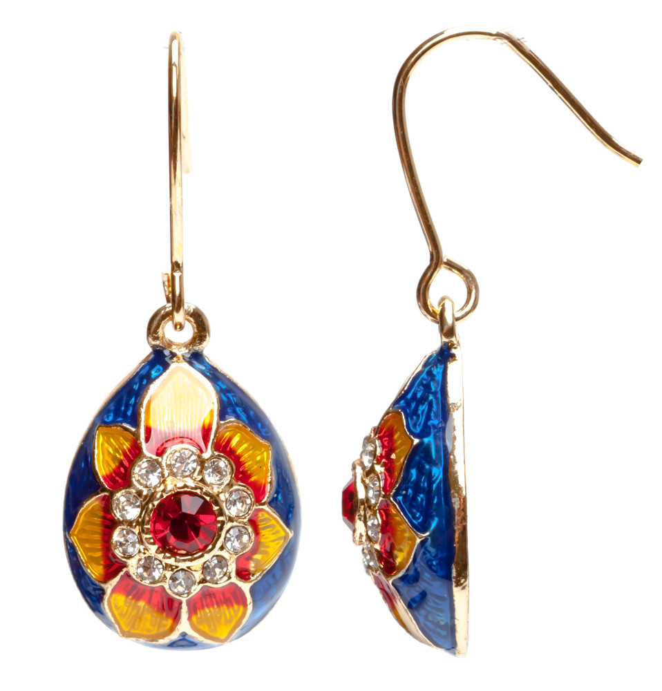 15x35 mm Blue and Red Flower Egg Shaped Earrings