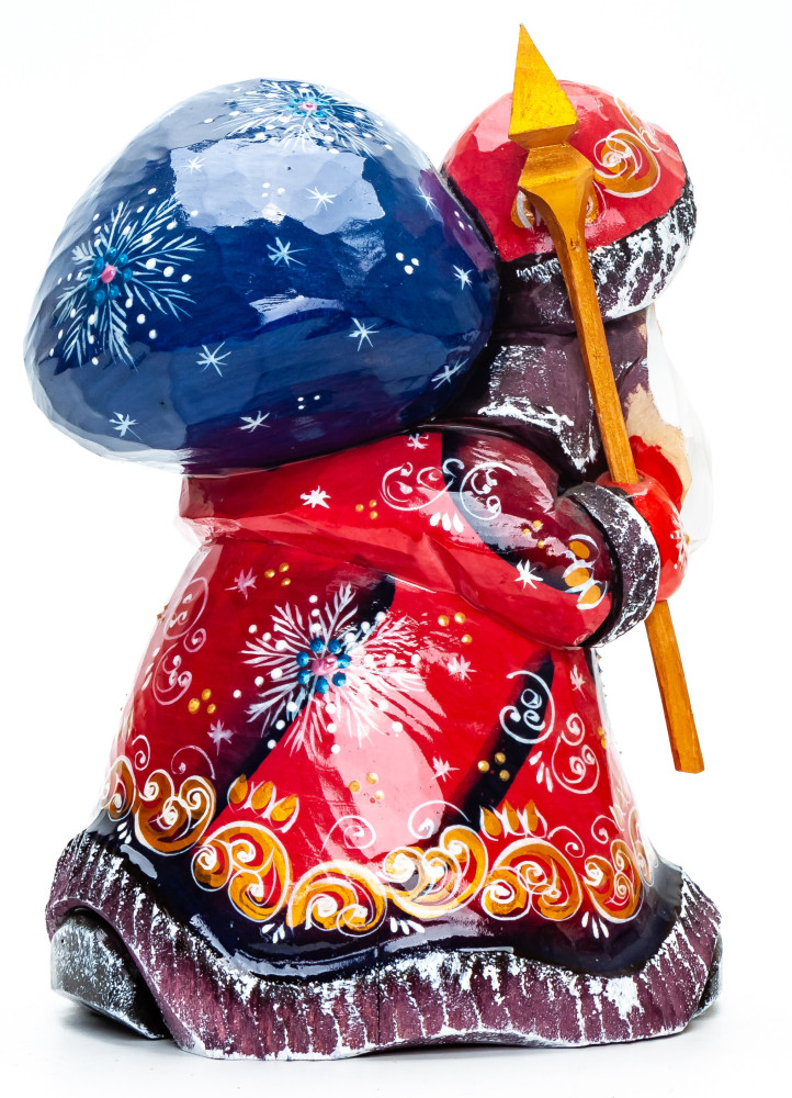 160 mm Santa with a Magic Staff and a Bag Carved Wood Hand Painted Collectible Figurine (by Igor Carved Wooden Figures Studio)