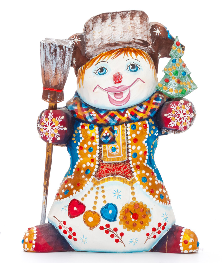 160 mm Snowman with a Broom and a Green Christmas Tree on wooden Figurine (by Natalia Nikitina Workshop)