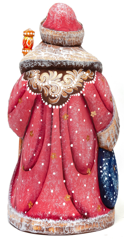 160 mm Santa Claus Hand Carved Wooden Figurine with painted picture Santa Claus flying over the Russian Village