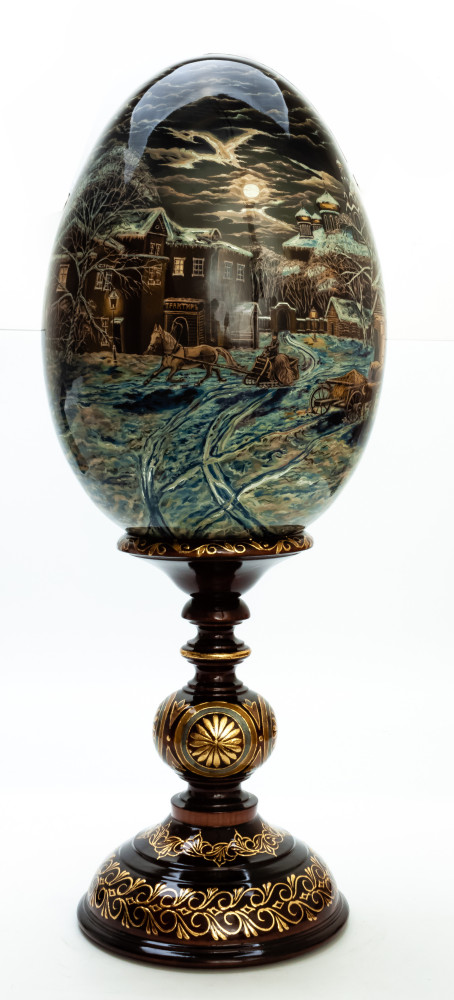 580 mm Night before Christmas in Russian Village hand painted Wooden Egg with Standby