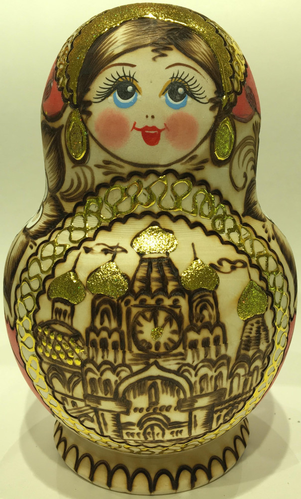 180 mm Moscow Cathedrals hand burnt and painted Wooden Matryoshka doll 10 pcs (by Julia Studio)