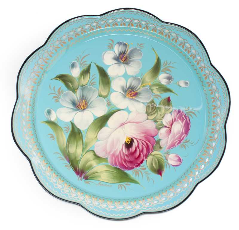 d 330 mm Zhostovo Patterns hand painted and lacquered by Lopatina Metal Forged Tray (by Lada Crafts)