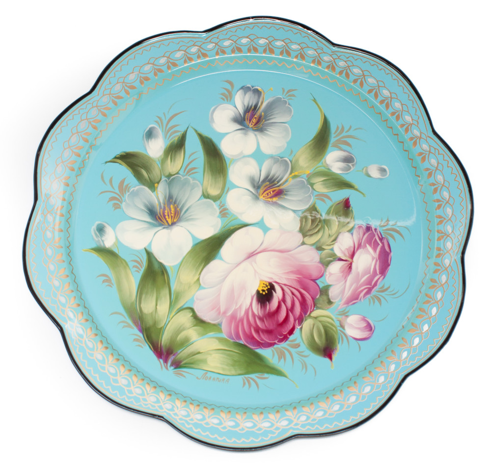 d 330 mm Zhostovo Patterns hand painted and lacquered by Lopatina Metal Forged Tray (by Lada Crafts)