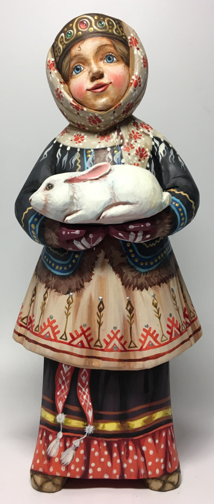 220 mm Russian Girl in a Winter Dress with a White Rabbit hand painted Wooden Statue (by Karpova Nadezda)
