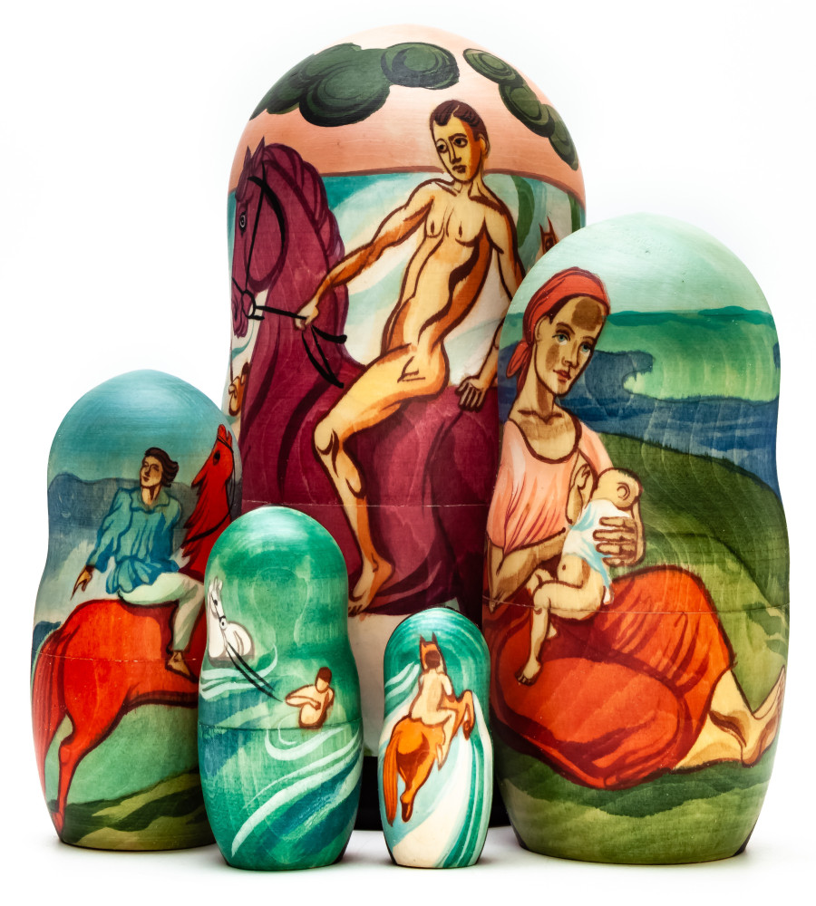 180 mm Bathing of a Red Horse by Petrov-Vodkin hand painted on wooden Matryoshka doll 5 pcs (by Alexander Famous Paintings Studio)