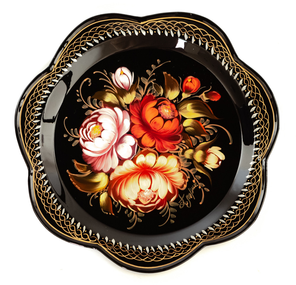 d 220 mm Zhostovo Patterns hand painted and lacquered by Golovina Metal Forged Black Tray (by Lada Crafts)