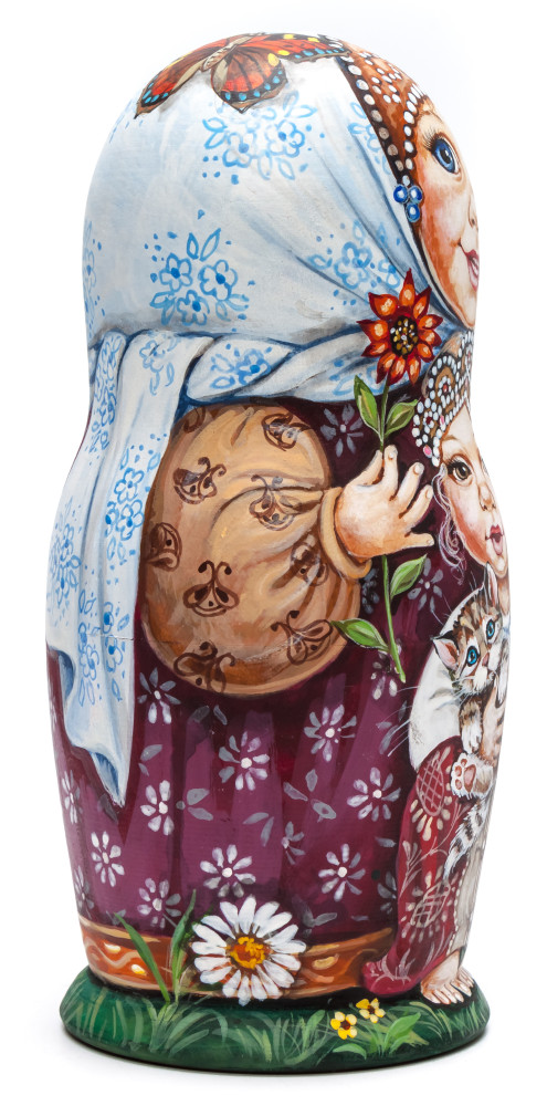 170 mm Girls playing with Kittens miniature hand painted wooden Matryoshka doll 5 pcs (by Nadezda Karpova Studio)