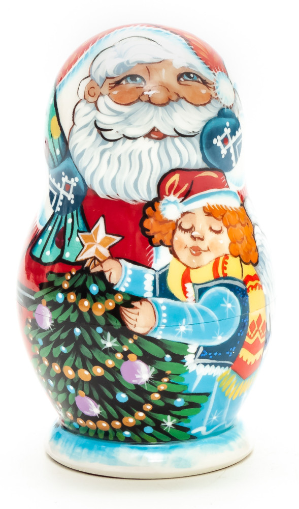 85 mm Santa Claus and Green Tree Hand Painted Matryoshka Doll 5 pcs (by Vasily Crafts)