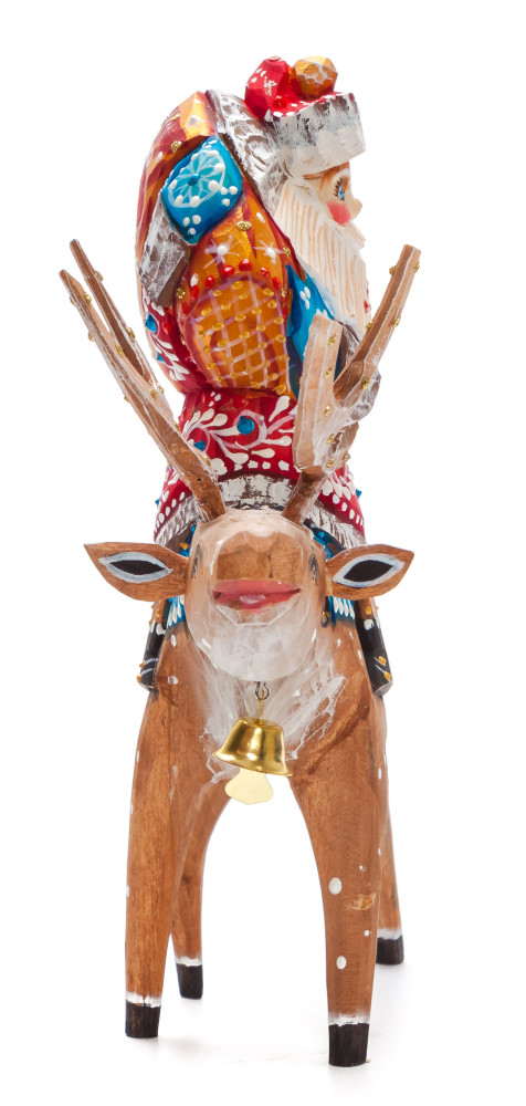 180 mm Santa with a Bag riding the Deer Carved Wood Hand Painted Collectible Figurine (by Natalia Nikitina Workshop)