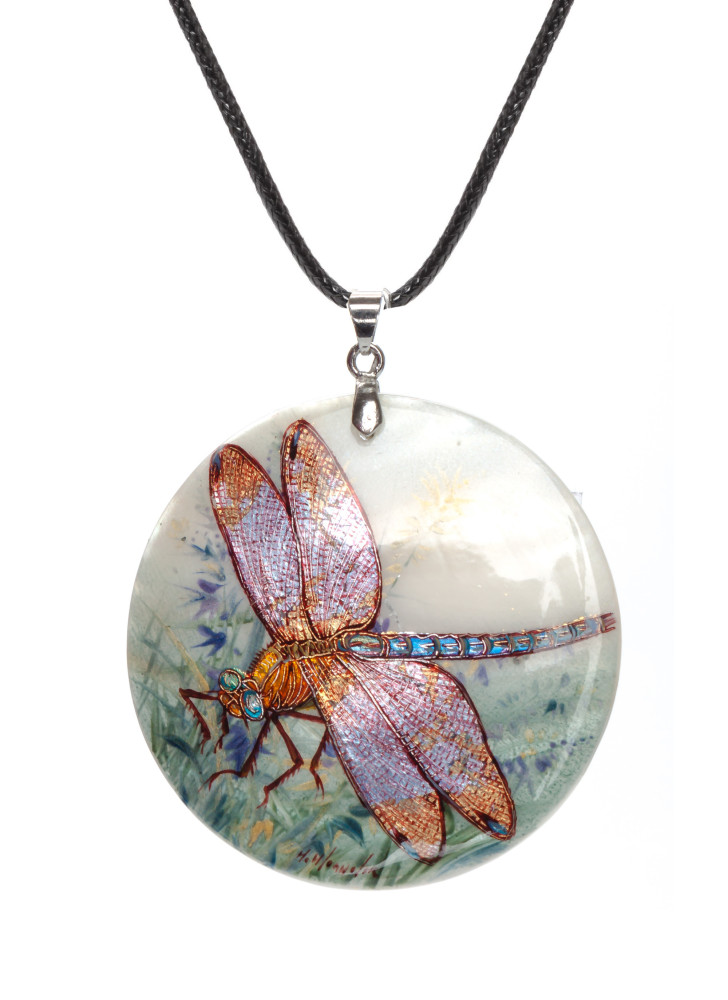 d50 mm Dragonfly hand painted Nacre Pendant (by Tatiana Shkatulka Crafts)
