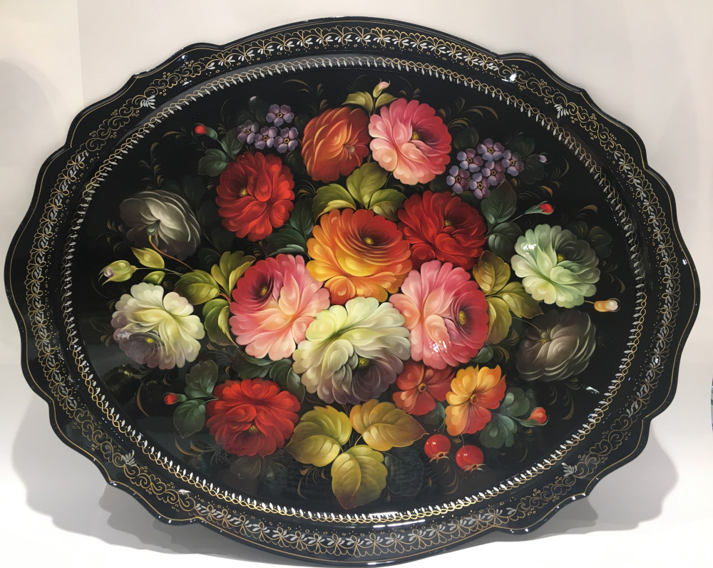 U 60x47 Zhostovo Hand Painted  Metal Tray