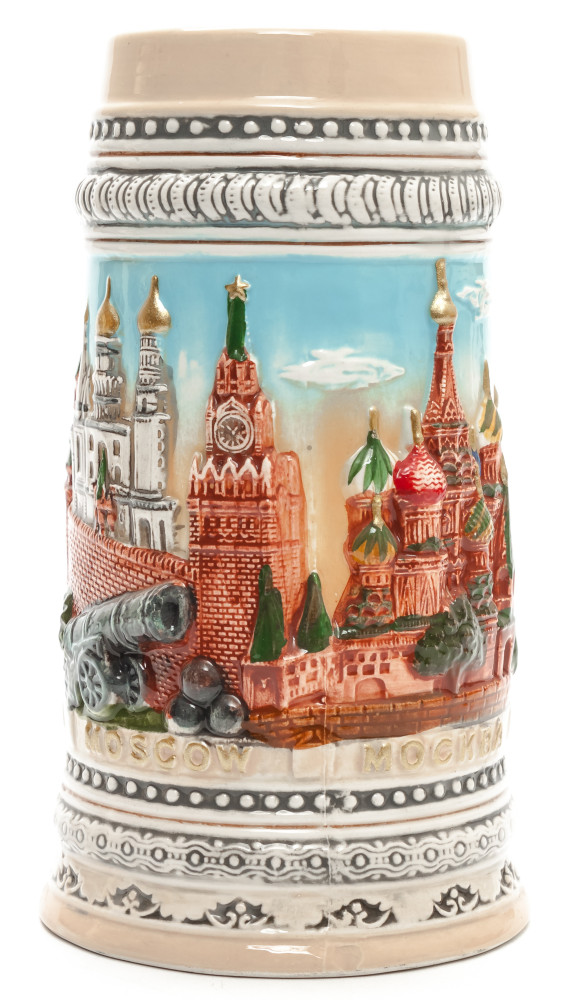 190 mm Moscow Snt Basil Cathedral and Kremlin Beer Mug (by Volga Pottery)