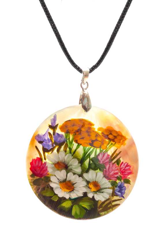 d50 mm Flowers hand painted Nacre Pendant (by Tatiana Shkatulka Crafts)