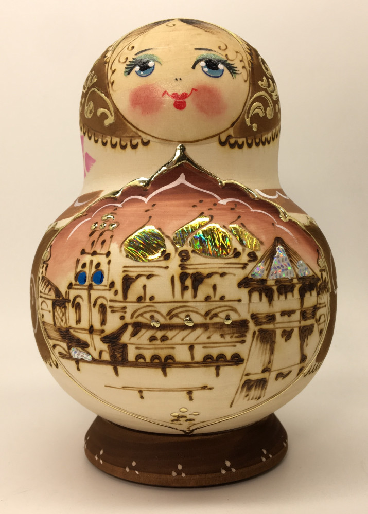 130 mm Moscow Kremlin hand painted wooden burnt Matryoshka doll 10 pcs (by Inna Eremina)