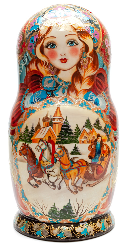 260 mm Russian Winter hand painted on Wooden Matryoshka doll 10 pcs (by Valeria Crafts)
