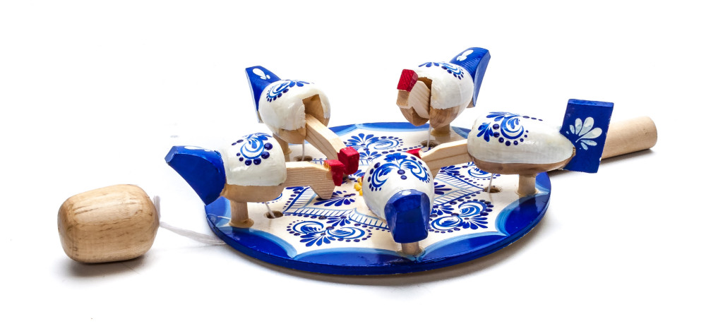 200x140 mm Pecking Chicken Hand Carved and Painted Russian Wooden GzhelToy (by Bogorodskoe Studio)