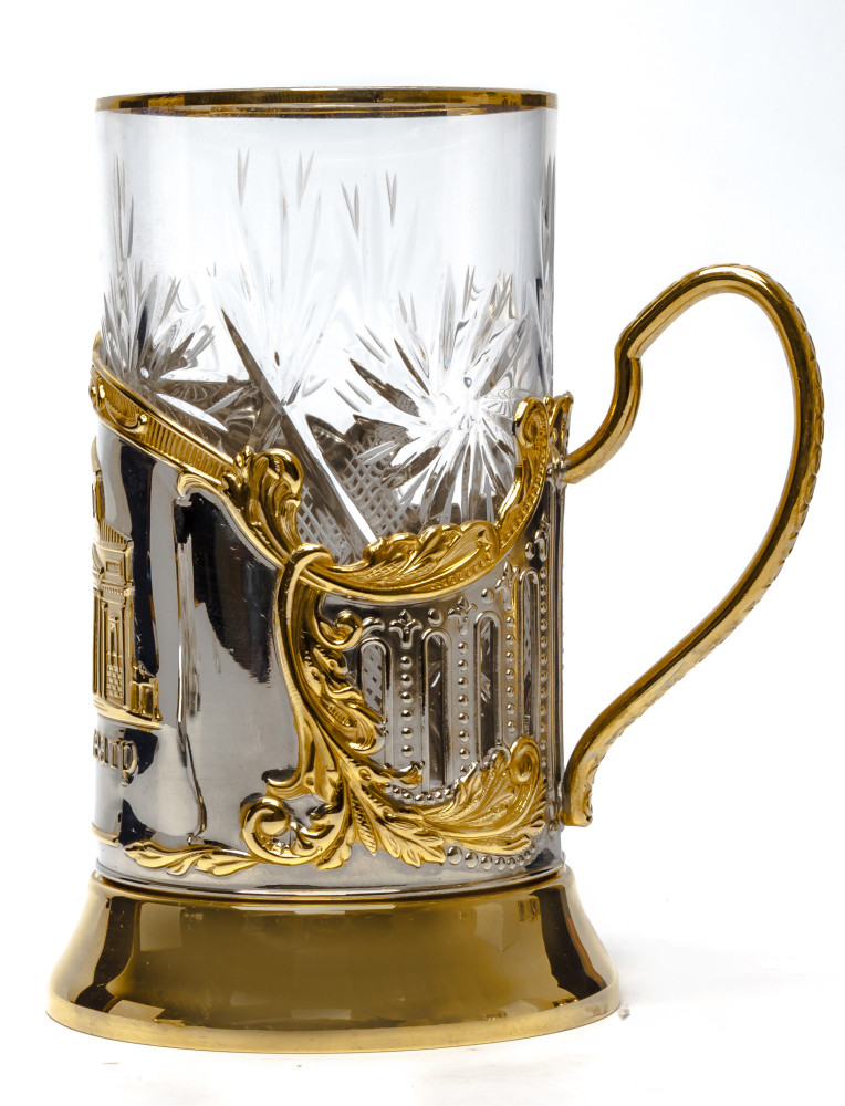 The Bolshoi Theatre Gold Plated Brass Tea Glass Holder with Crystal Glass and Gold Plated Tea Spoon (by Kolchugino)
