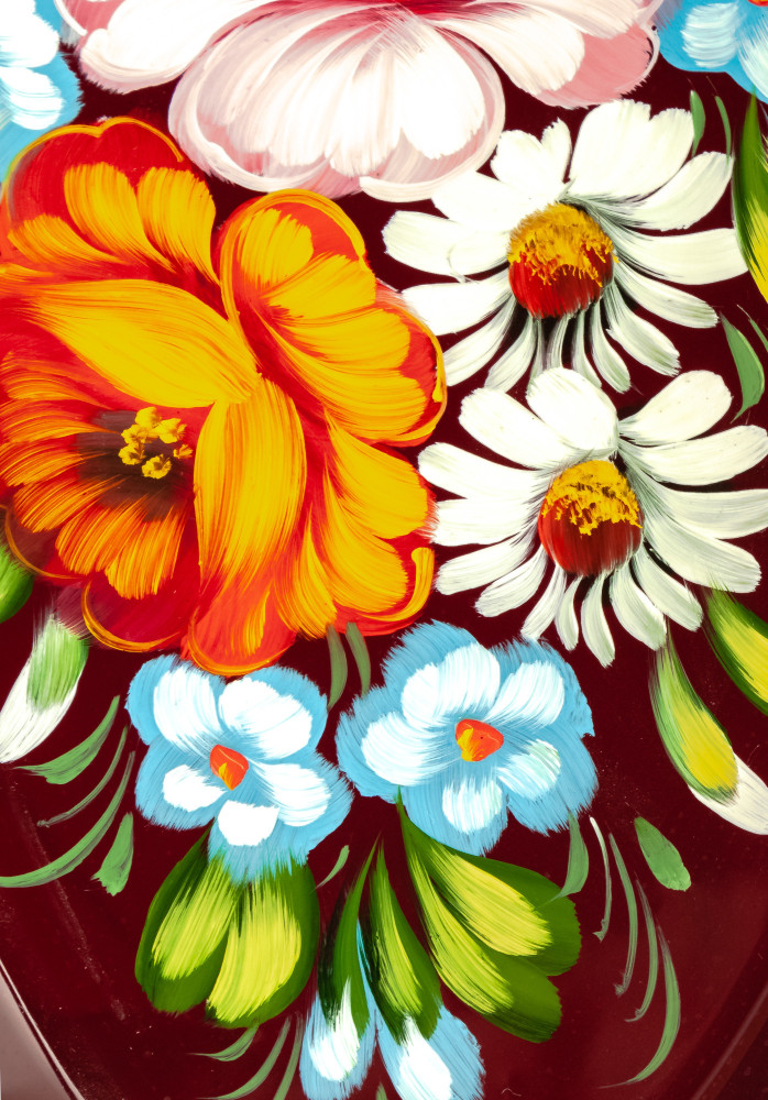 165x255 mm Zhostovo Patterns hand painted and lacquered Metal Forged Carmine Tray (by Lada Crafts)