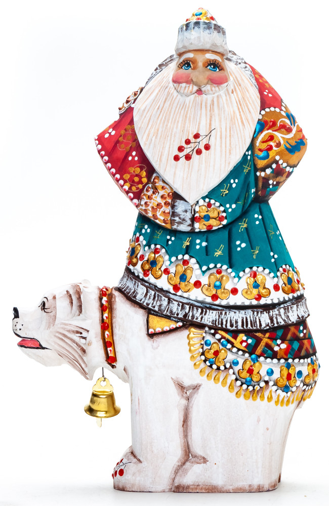 180 mm Santa with a Bag Riding the Bear Carved Wood Hand Painted Collectible Figurine  (by Natalia Nikitina Workshop)