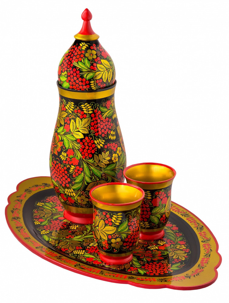 Pitcher with Lid and 2 Glasses hand painted wooden Set (by Golden Khokhloma)