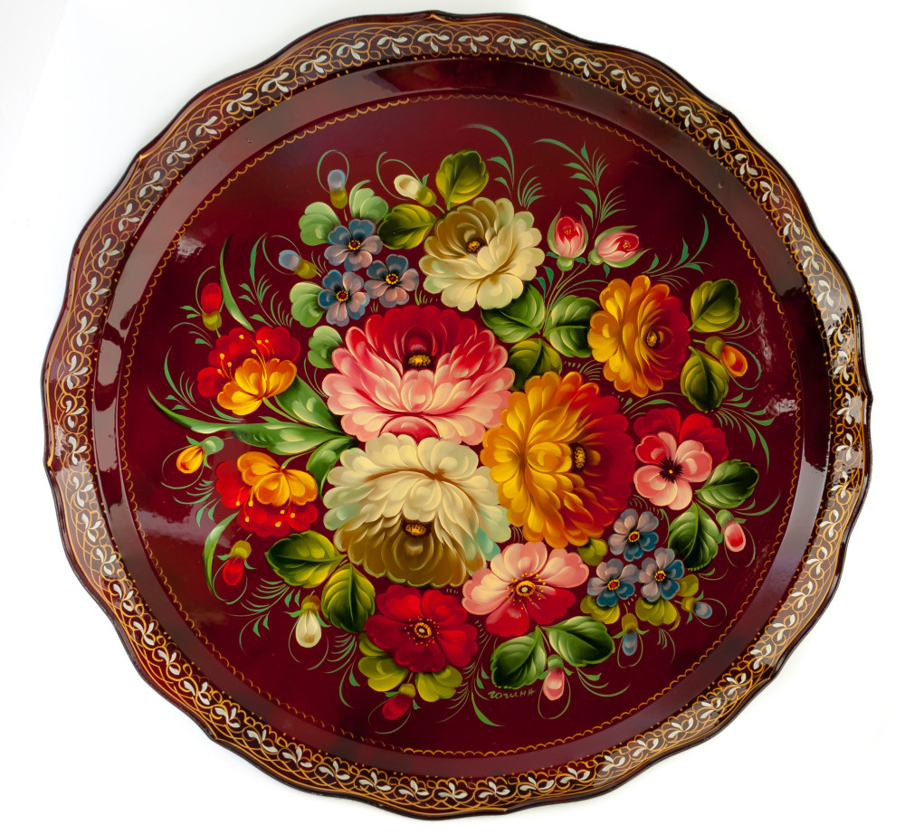 d 420 mm Zhostovo Patterns hand painted and lacquered by Gogina Metal Forged Tray (by Lada Crafts)