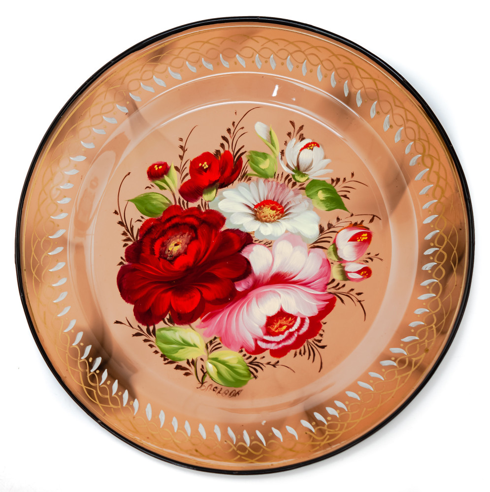  d 180 mm Zhostovo Patterns hand painted and lacquered by Blagova Metal Forged Brown Tray (by Lada Crafts)