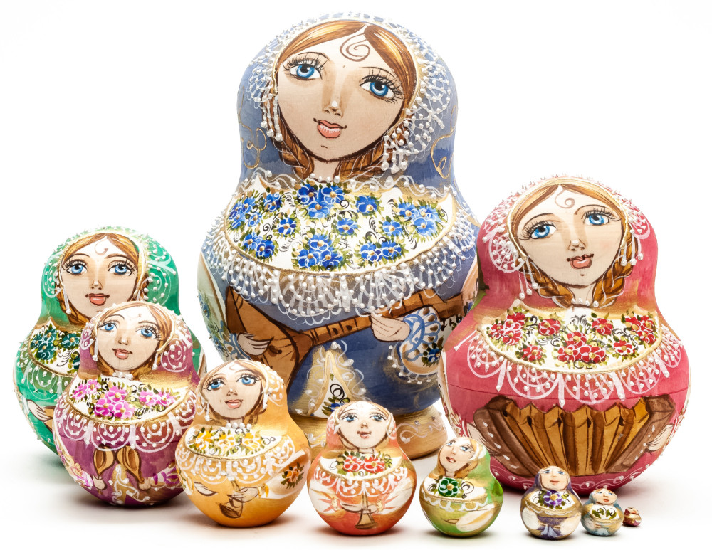 140mm Maiden with Balalaika hand painted Matryoshka round Doll 10pcs (by Skazka)